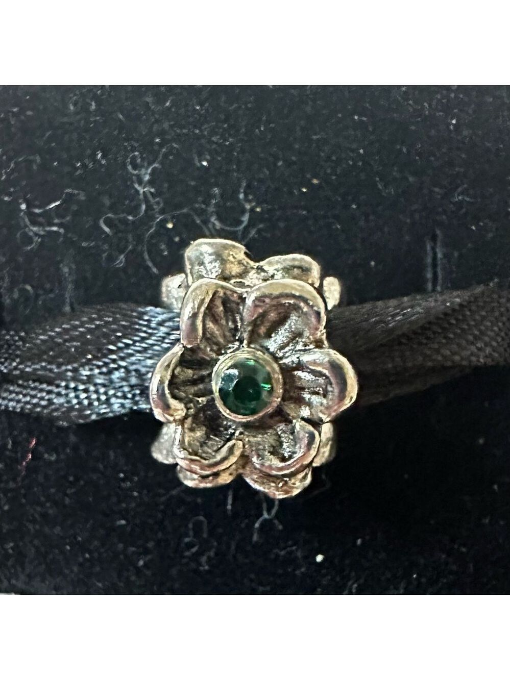 Sterling Silver Flower Charm Bead with Green Stone – Fits Pandora Bracelets